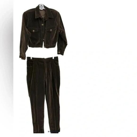 Vintage Opal by Lorraine Wardy Brown Velvet Cotton 2-Piece Set – Cropped Jacket - Picture 2 of 8